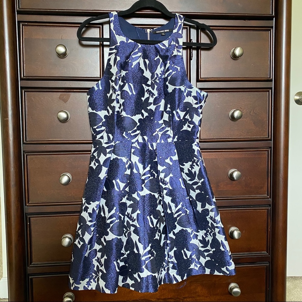 Gianni Bini Metallic Blue Fit & Flare Halter Dress